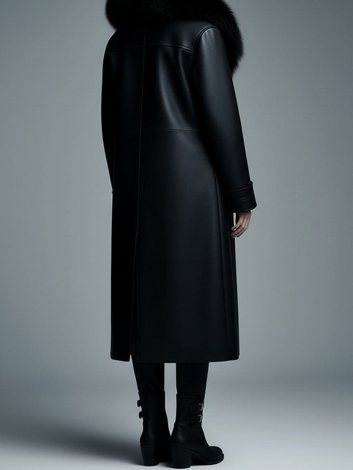 (clearance) Women Fur Trim Warm Lined Hooded Eco Leather Trench Coat