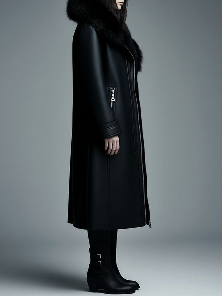 (clearance) Women Fur Trim Warm Lined Hooded Eco Leather Trench Coat