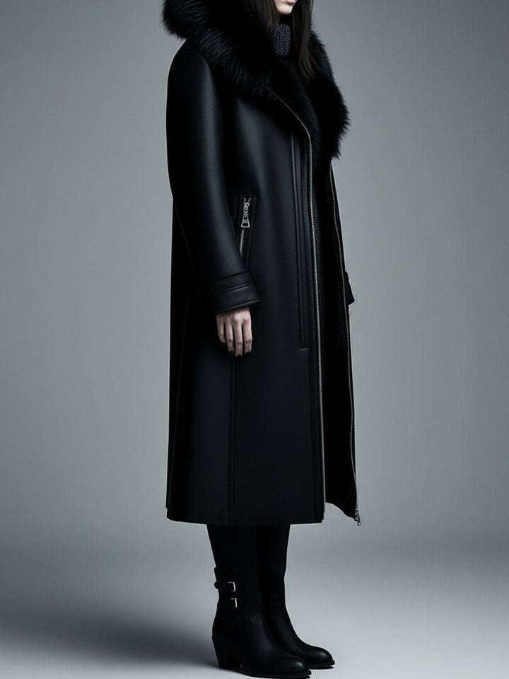 (clearance) Women Fur Trim Warm Lined Hooded Eco Leather Trench Coat