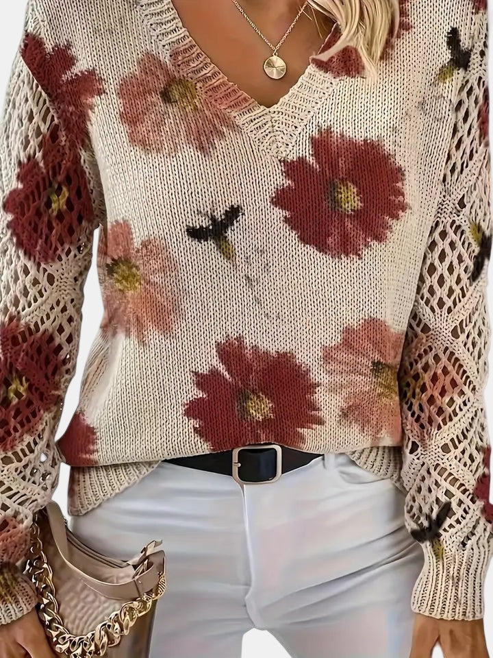 Unicloth.™ | Elegant Floral V-Neck Sweater
