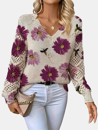 Unicloth.™ | Elegant Floral V-Neck Sweater