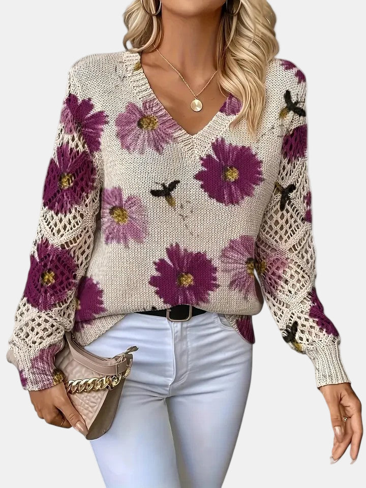 Unicloth.™ | Elegant Floral V-Neck Sweater