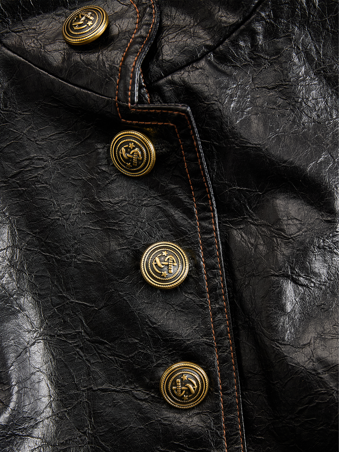 Retro Stand Collar Metal Button Pu Jacket