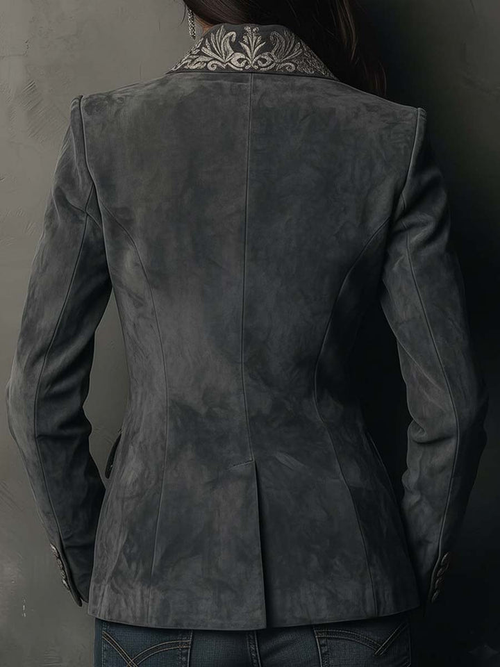 Embossed Floral Eco-Suede Blazer In Charcoal Taupe