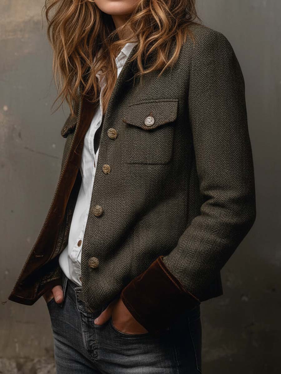 Vintage Herringbone Tweed Blazer With Velvet Trim