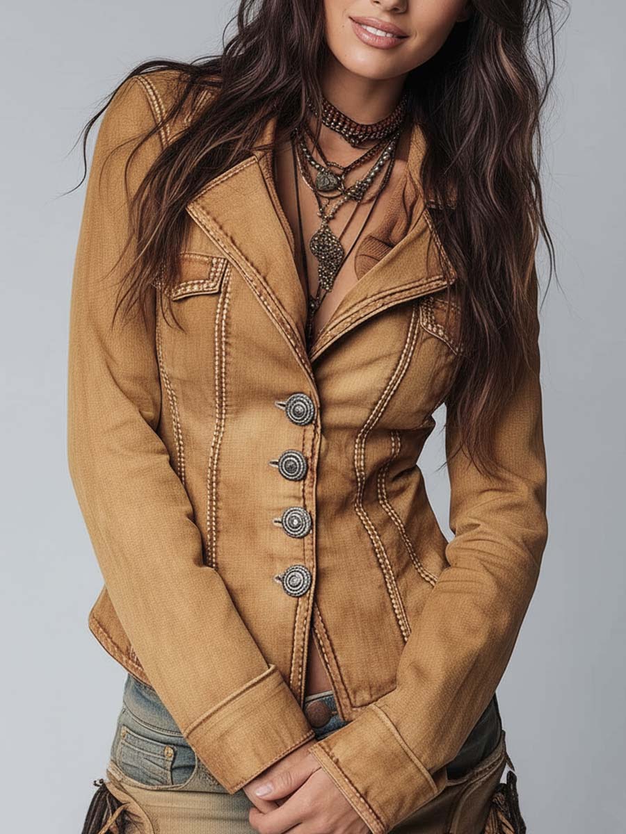 Slim-fit Vintage-style Washed Khaki Denim Jacket