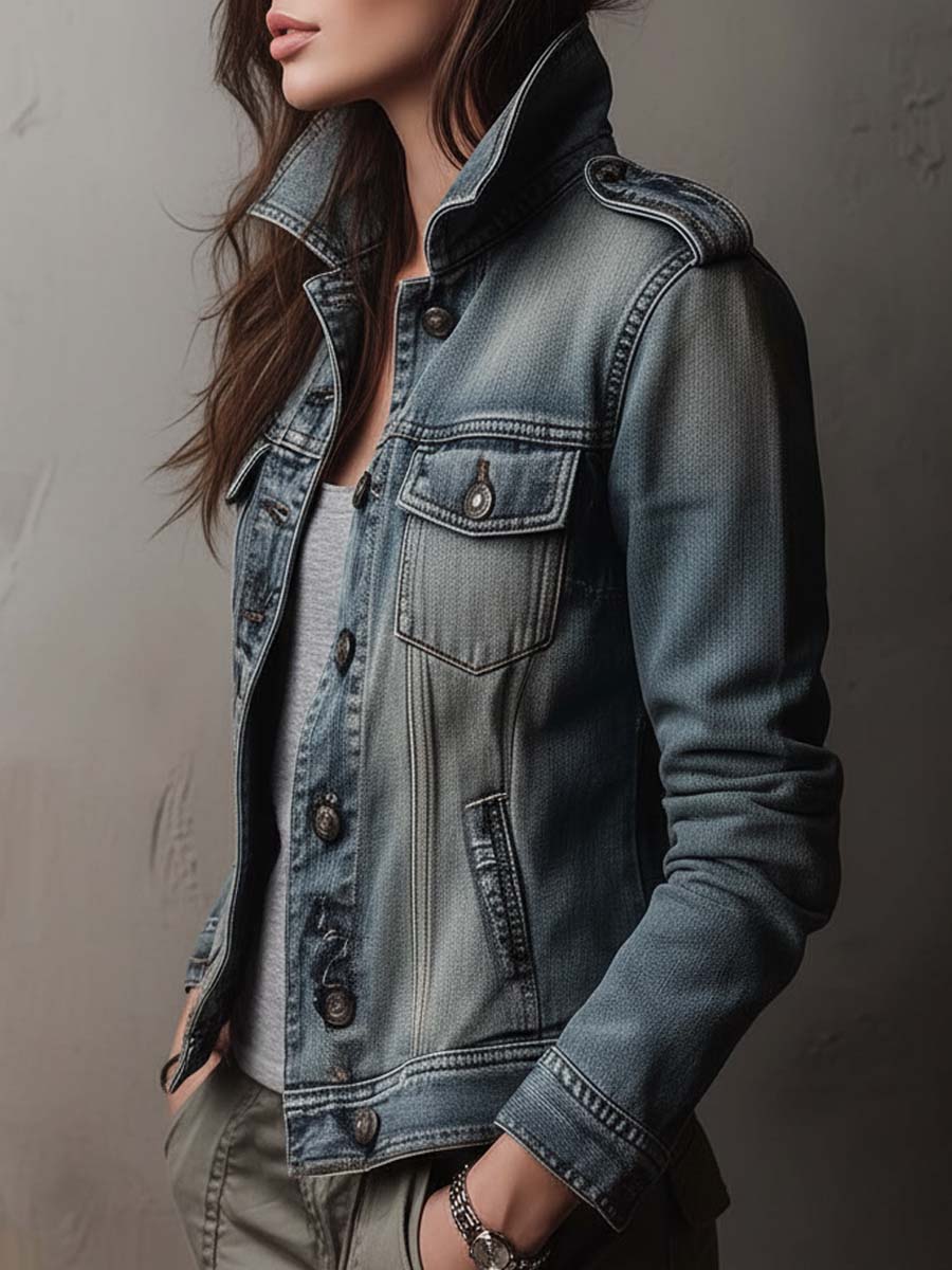 Washed And Faded Utility Denim Jacket With Epaulettes