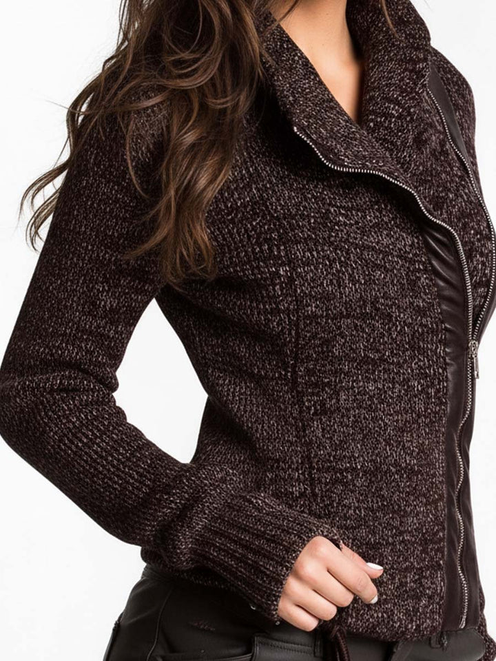 Brown Asymmetrical Zip Ribbed Knit Jacket