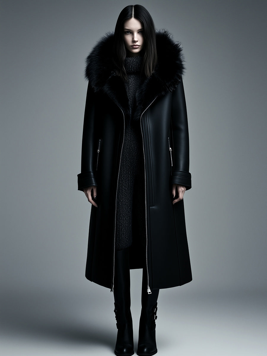 (clearance) Women Fur Trim Warm Lined Hooded Eco Leather Trench Coat