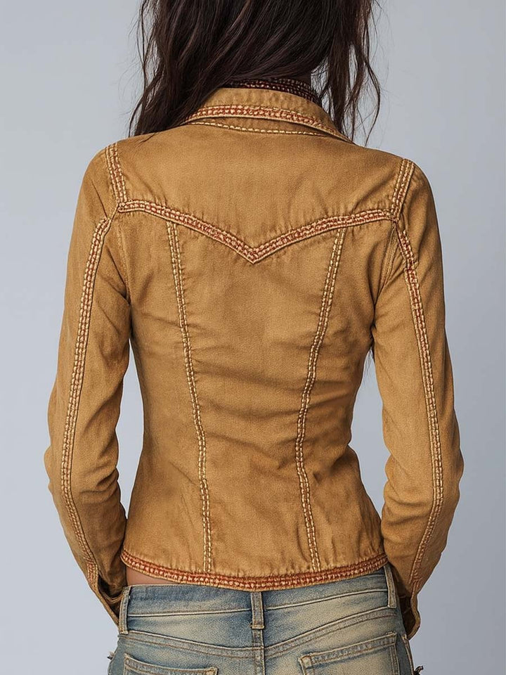 Slim-fit Vintage-style Washed Khaki Denim Jacket