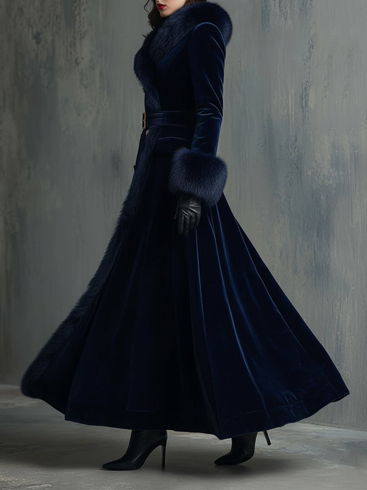 Elegant Mid-length Velvet Coat With Faux Fur Collar