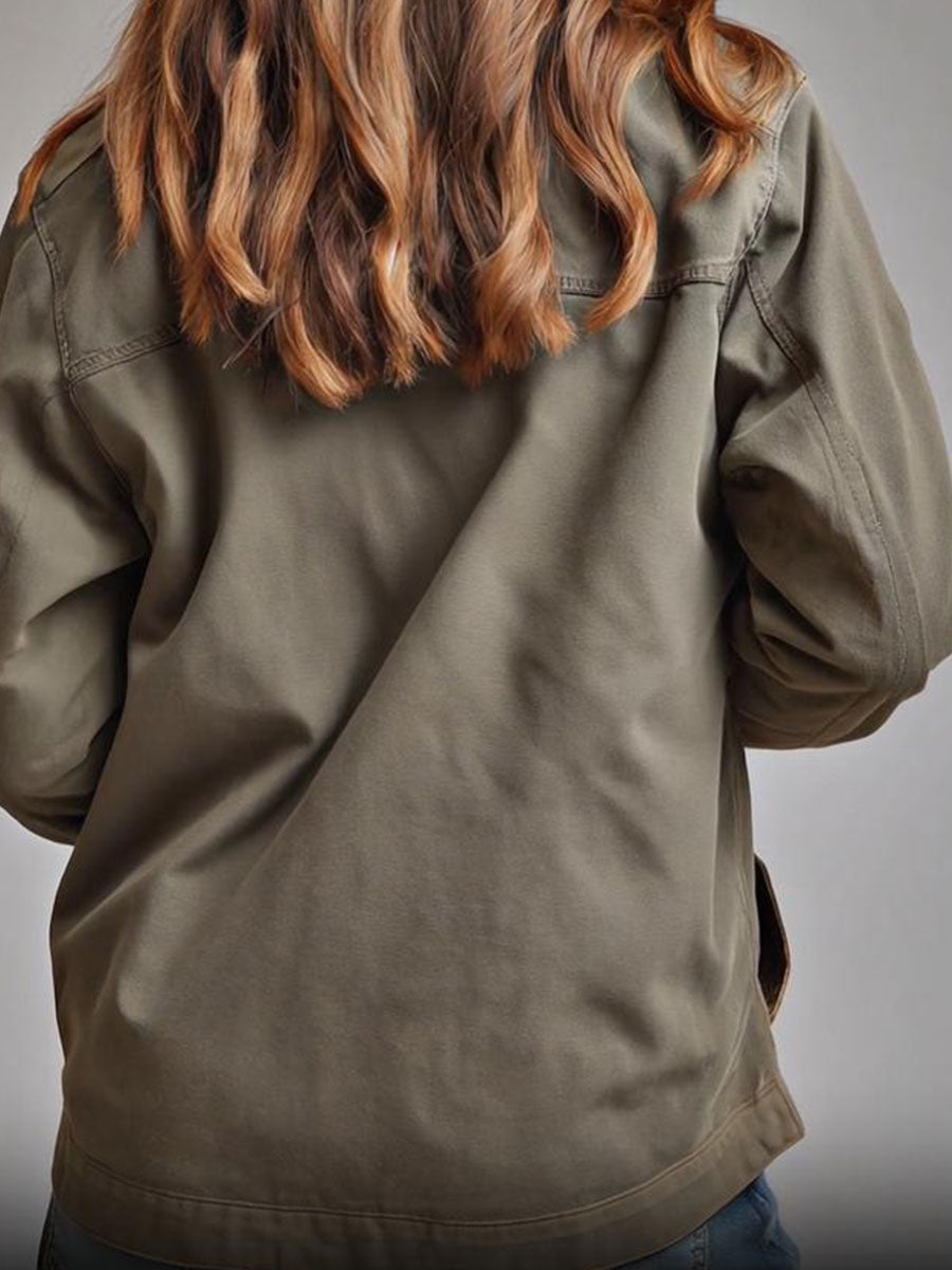 Retro Stand Collar Slanted Placket Pocket Jacket