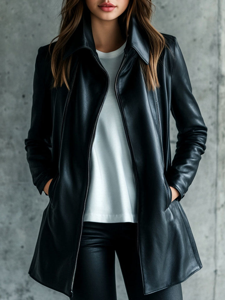 (clearance) Women Simple Lapel Solid Color Faux Leather Jacket