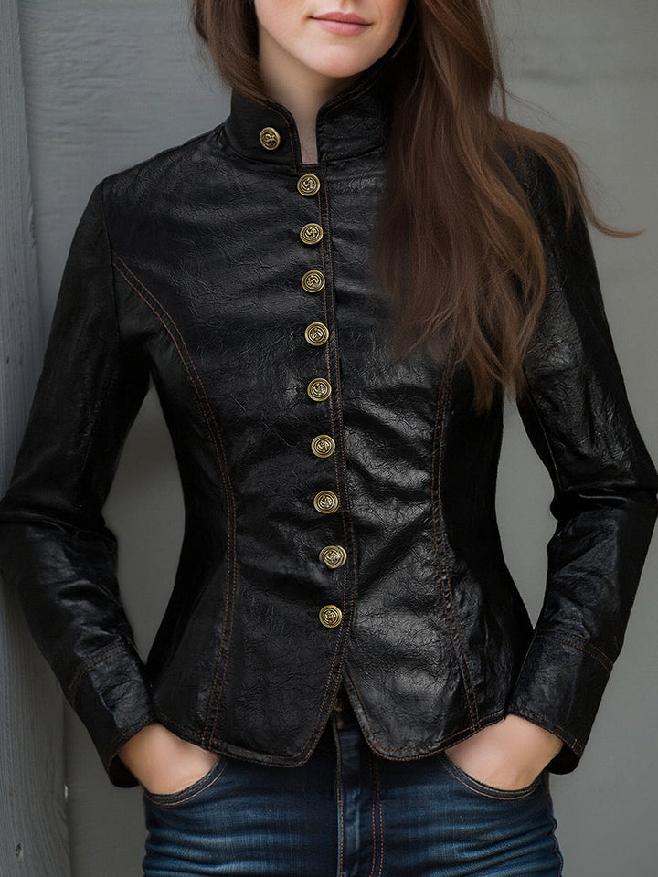Retro Stand Collar Metal Button Pu Jacket
