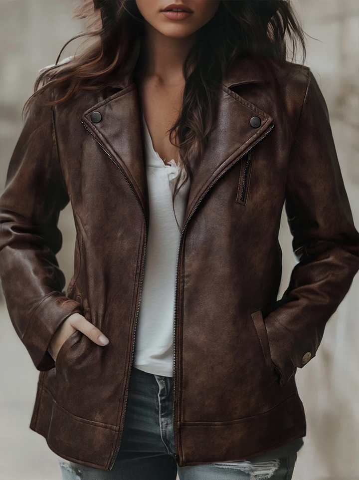 (clearance) Women's Lapel Vintage Faux Leather Jacket