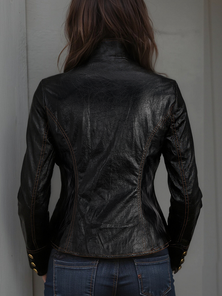Retro Stand Collar Metal Button Pu Jacket