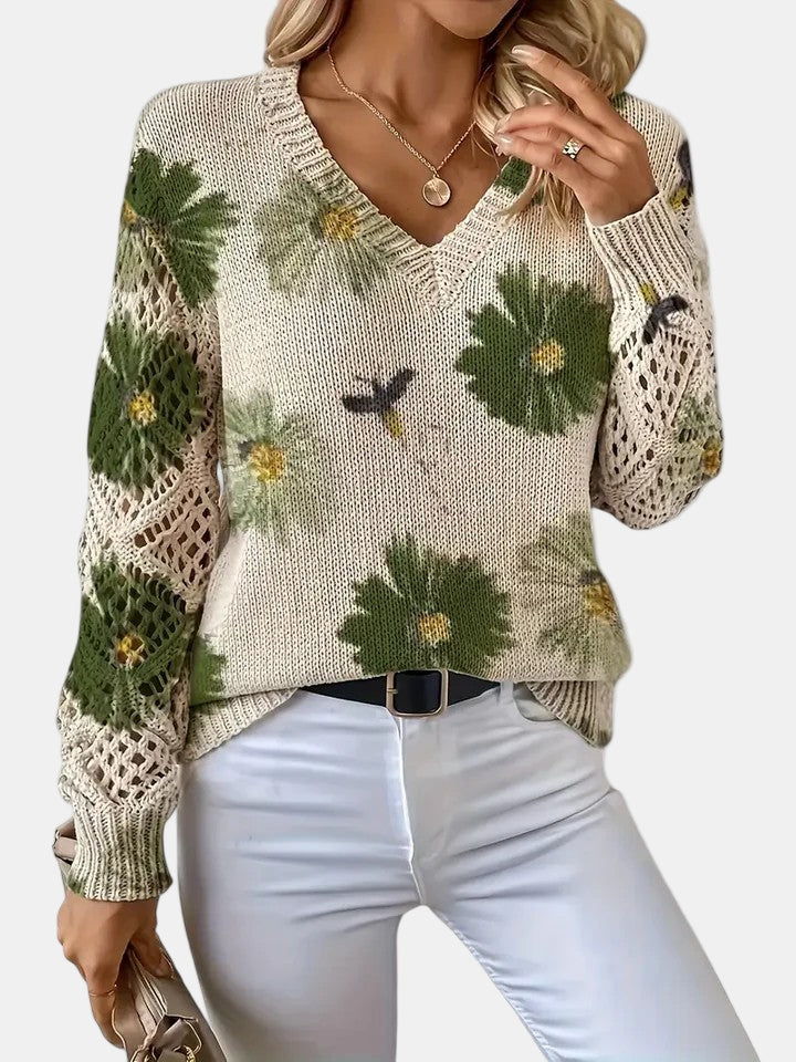 Unicloth.™ | Pull élégant à col en V et imprimé floral