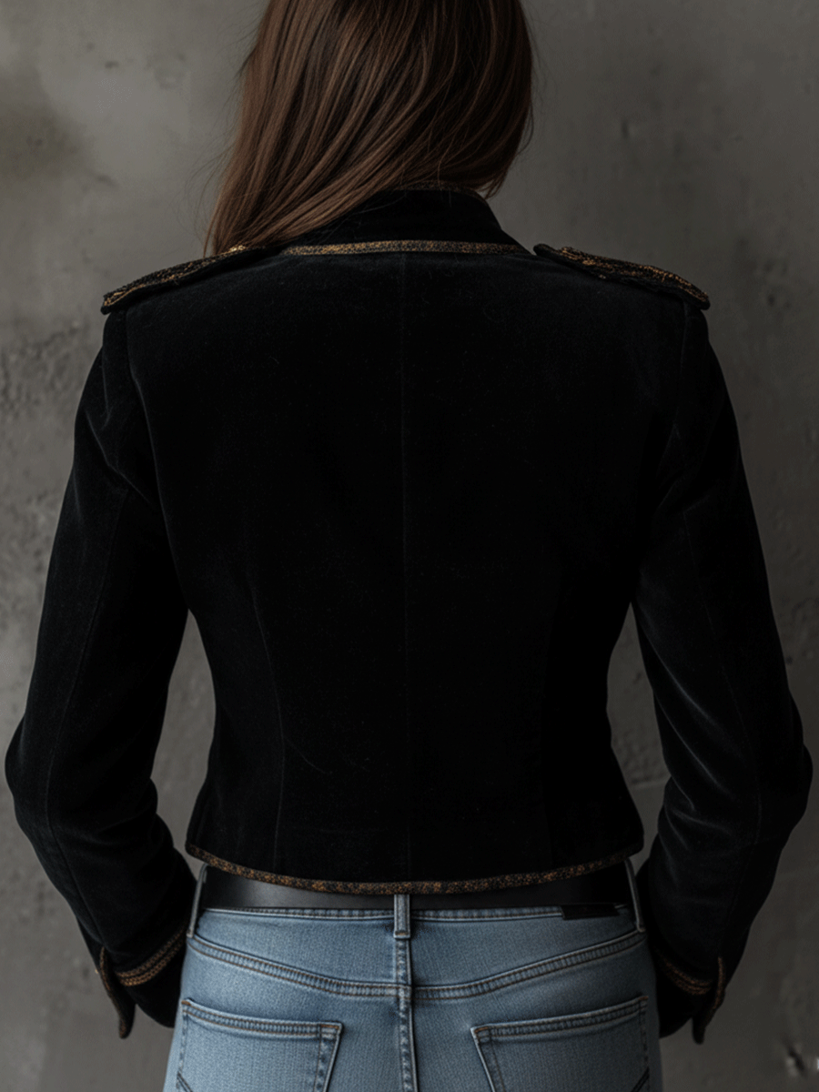 Retro Black Velvet Military Gold Button Detailing Blazer