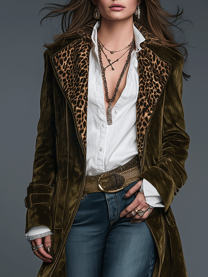 Boho Luxe Olive Velvet Leopard Lapel Long Coat