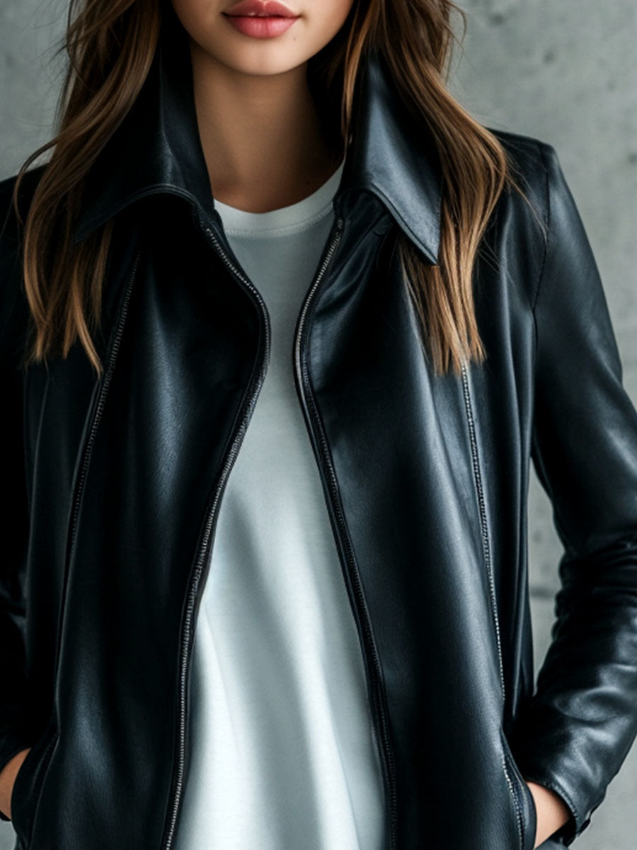 (clearance) Women Simple Lapel Solid Color Faux Leather Jacket