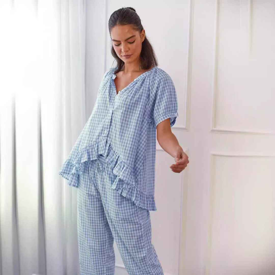 Stine | Casual Set with Checkered Top with Puff Sleeves and Pants