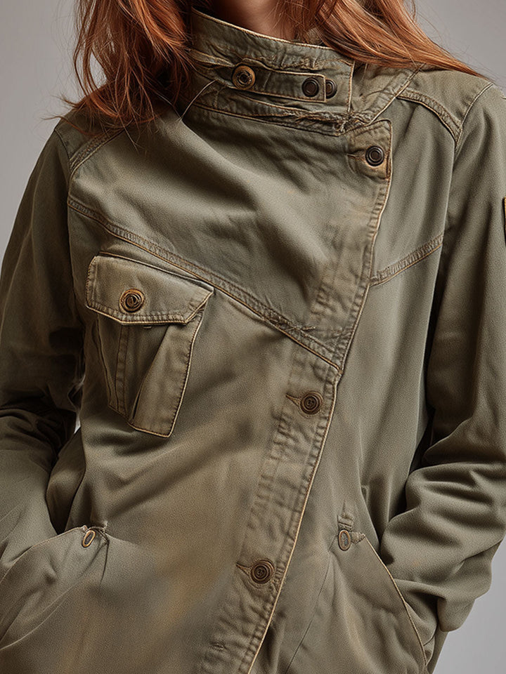 Retro Stand Collar Slanted Placket Pocket Jacket