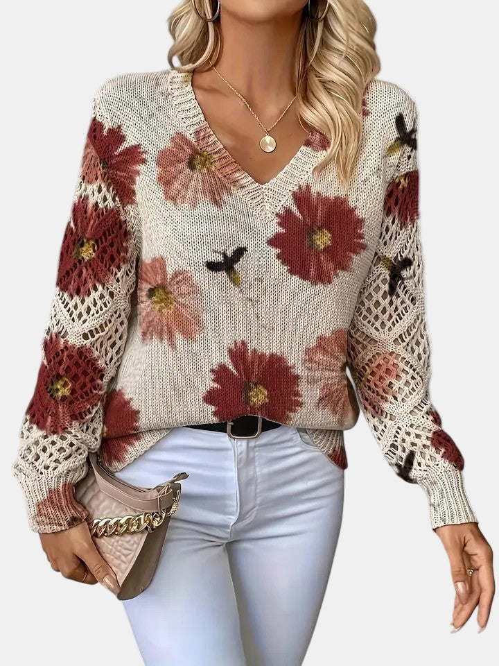 Unicloth.™ | Elegant Floral V-Neck Sweater