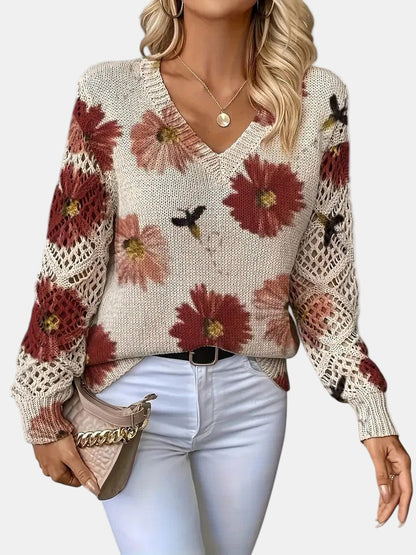 Unicloth.™ | Elegant Floral V-Neck Sweater