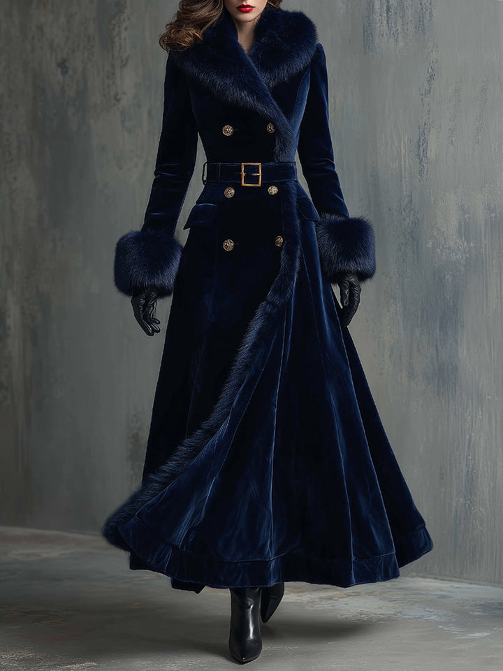 Elegant Mid-length Velvet Coat With Faux Fur Collar