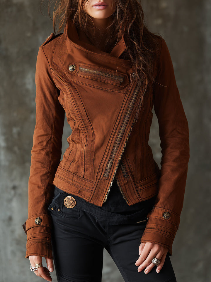 Boho Zip-up Slanted Placket Stand Collar Washed Denim Jacket