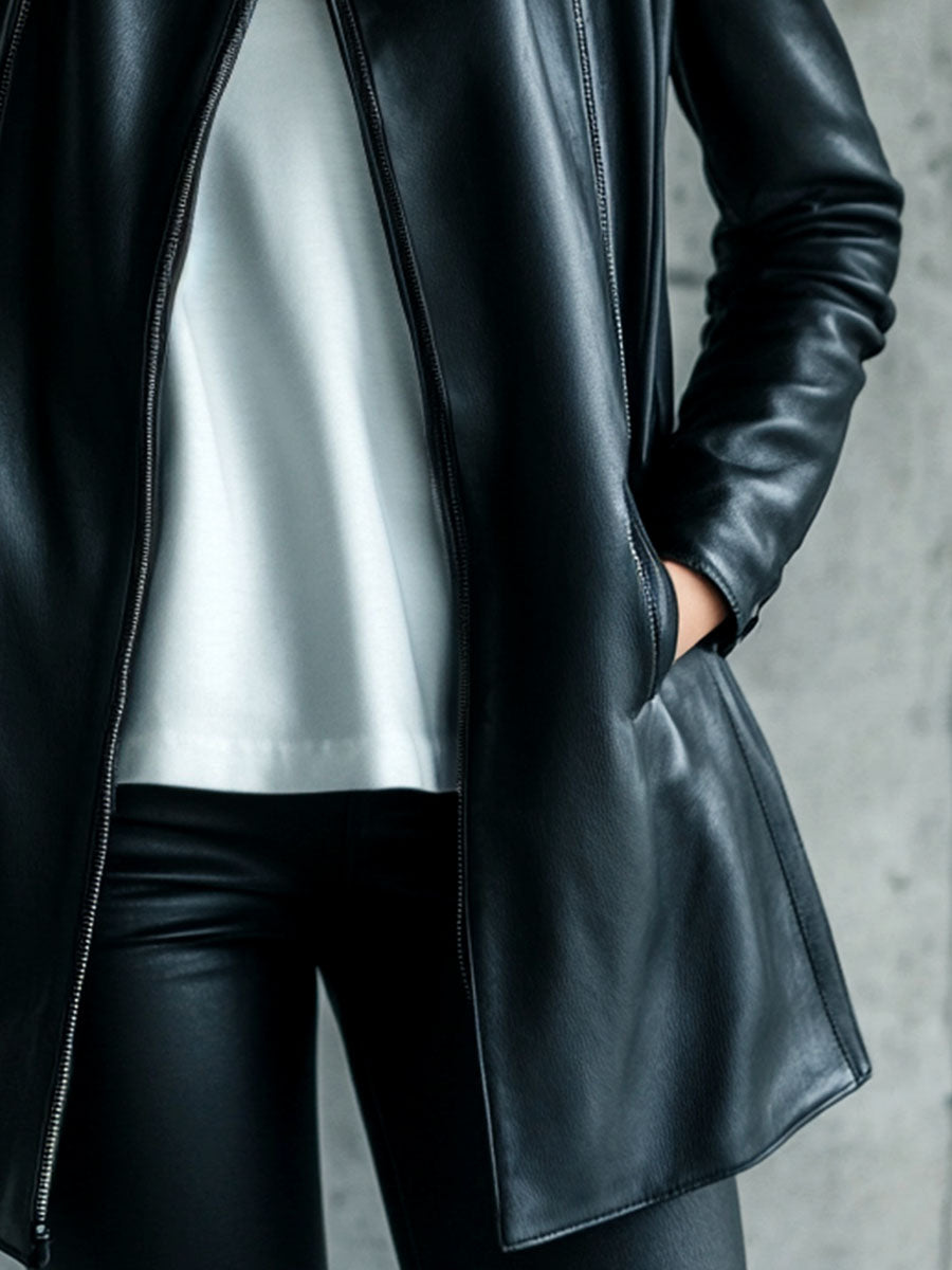 (clearance) Women Simple Lapel Solid Color Faux Leather Jacket