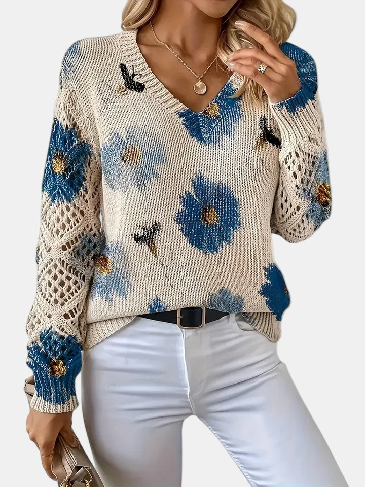 Unicloth.™ | Elegant Floral V-Neck Sweater