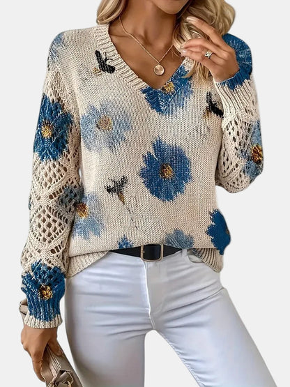 Unicloth.™ | Elegant Floral V-Neck Sweater