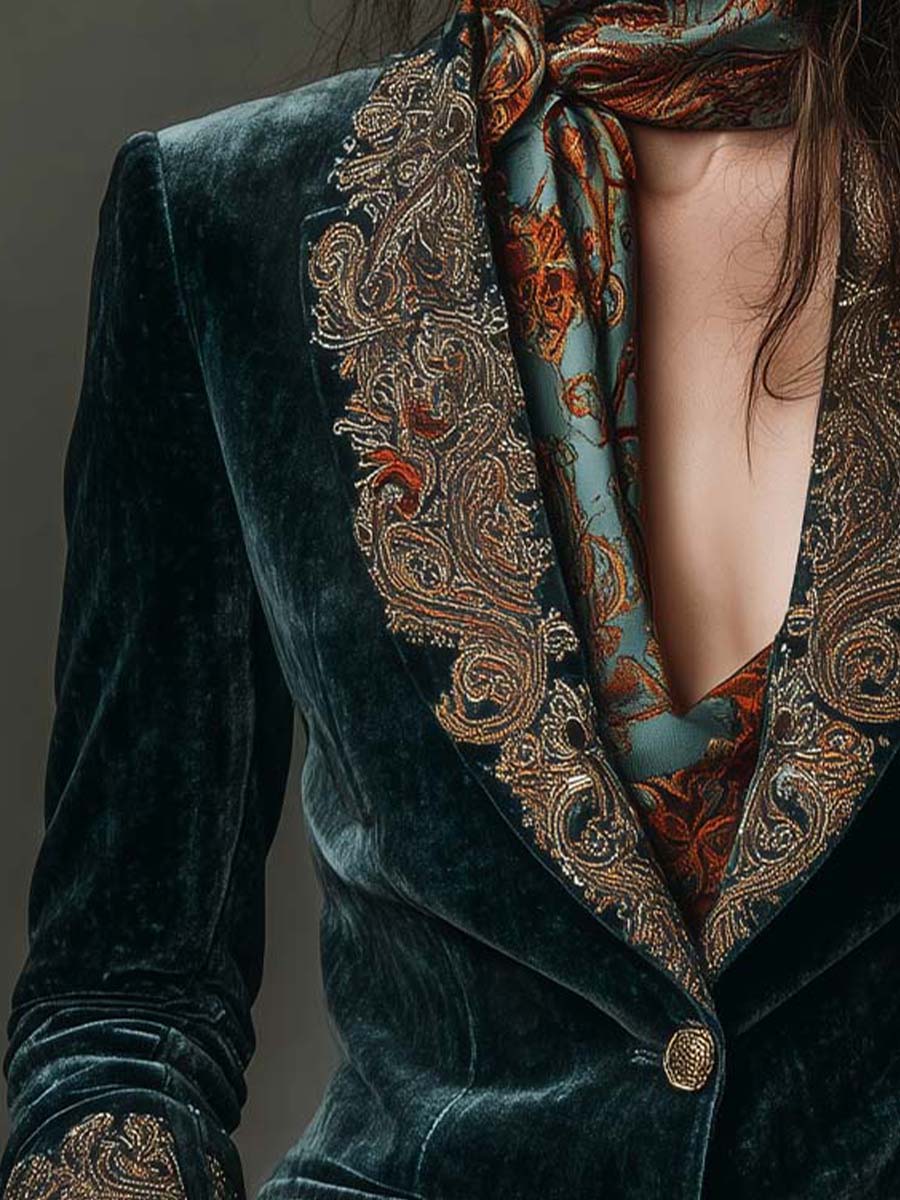 Velvet Blazer With Intricate Embroidered Lapels