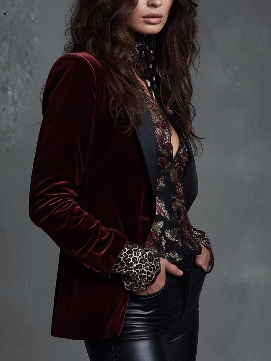 Burgundy Velvet Tailored Blazer With Black Contrast Lapel