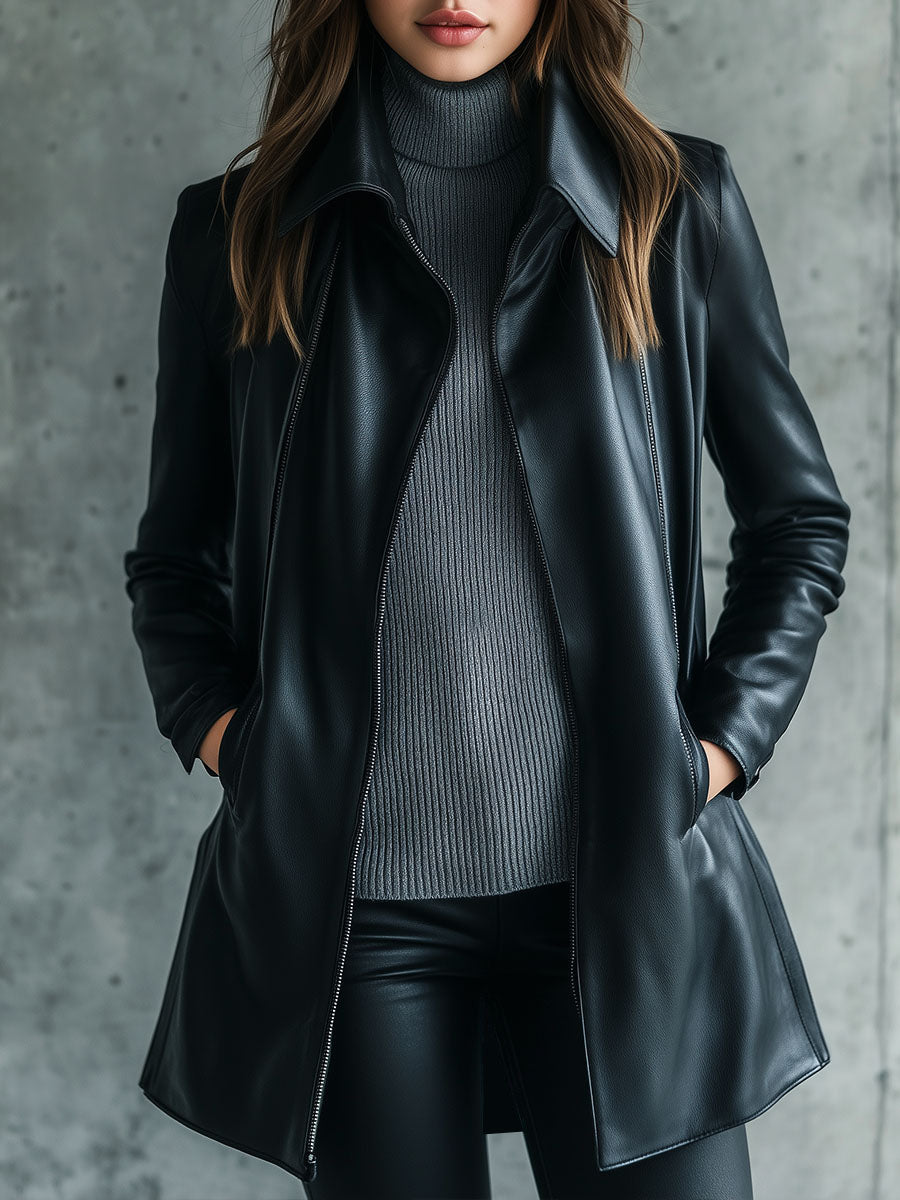 (clearance) Women Simple Lapel Solid Color Faux Leather Jacket