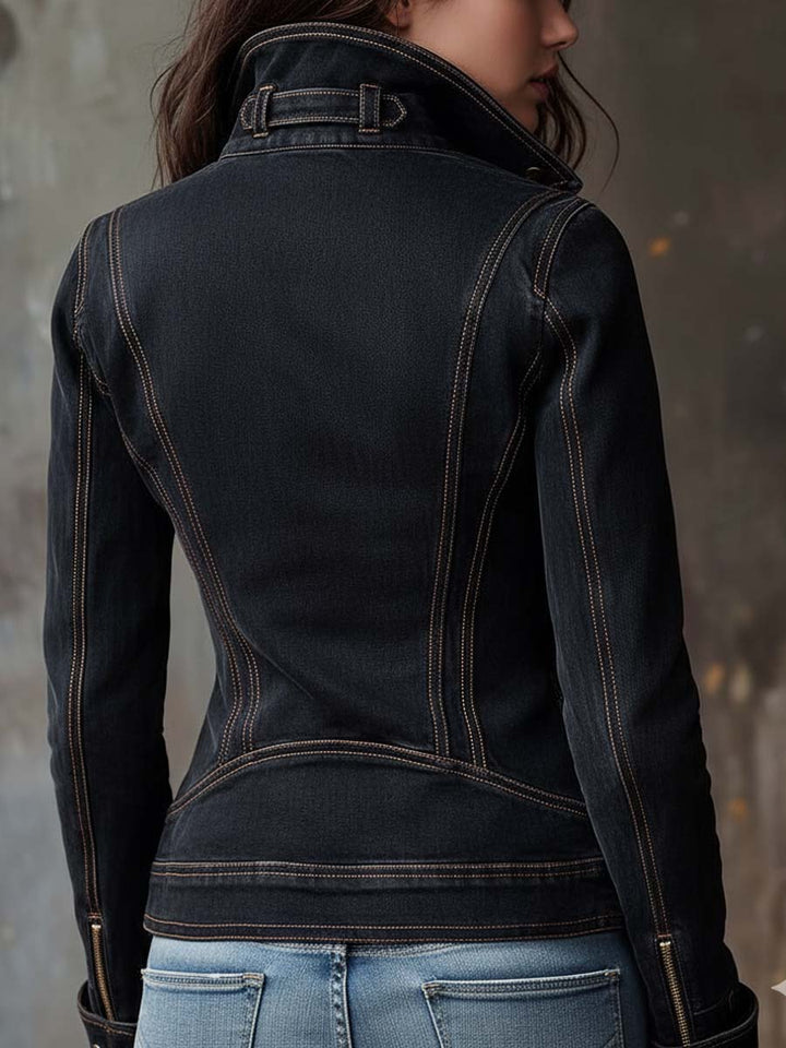 Vintage Washed Denim Moto Jacket – Charcoal Edge