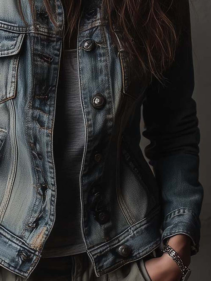 Washed And Faded Utility Denim Jacket With Epaulettes