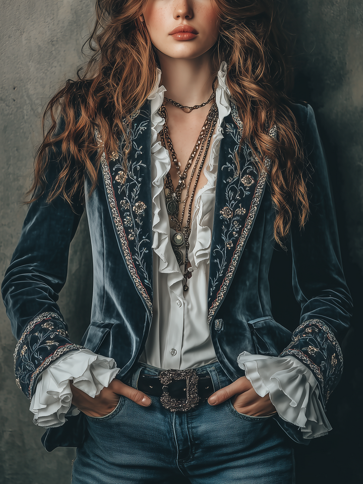 Vintage Flower Embroidered Cuffs Polyester Velvet Blazer