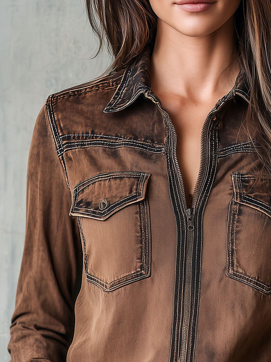 Vintage Brown Washed Contrast Stitching Utility Zip Shirt Jacket