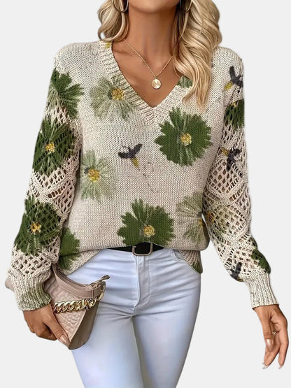 Unicloth.™ | Elegant Floral V-Neck Sweater