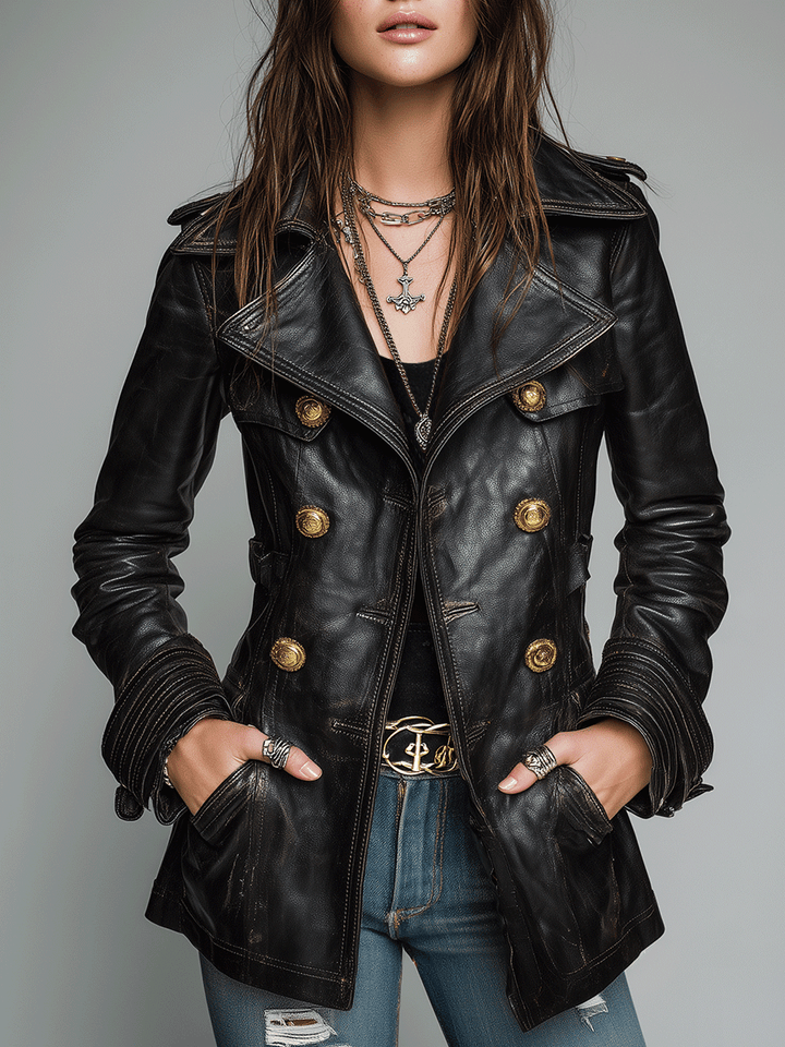 Vintage Black Double-Breasted Faux Leather Jacket