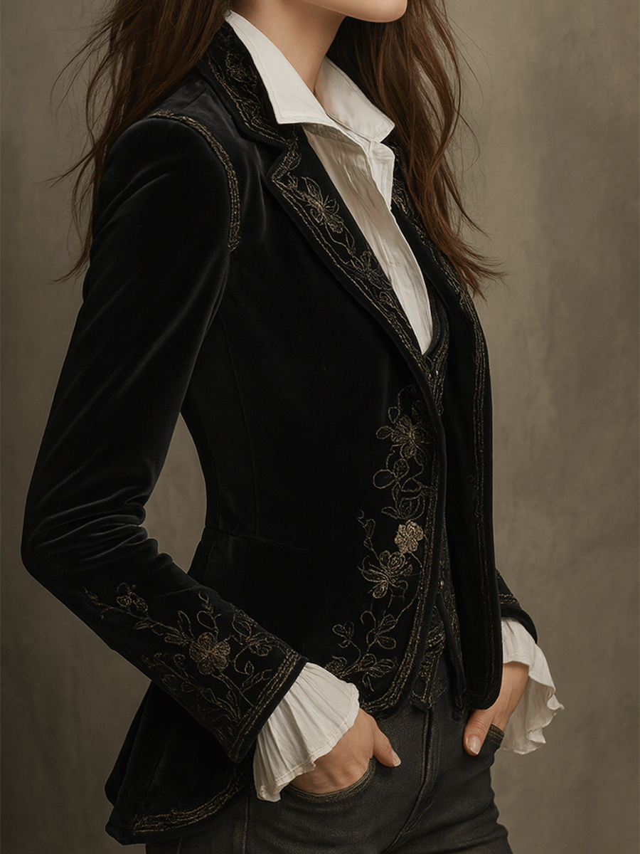 Elegant Black Velvet Embroidered Blazer