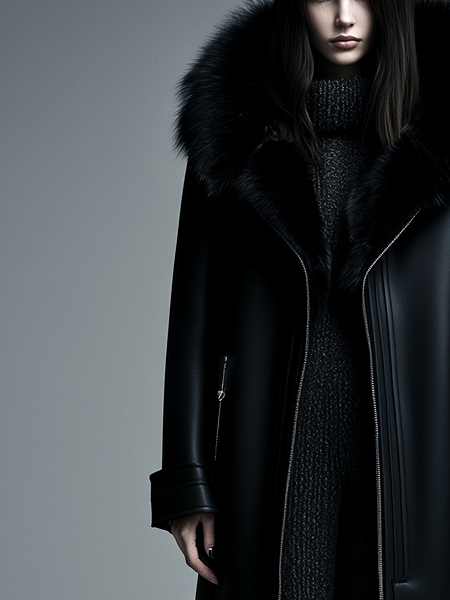 (clearance) Women Fur Trim Warm Lined Hooded Eco Leather Trench Coat