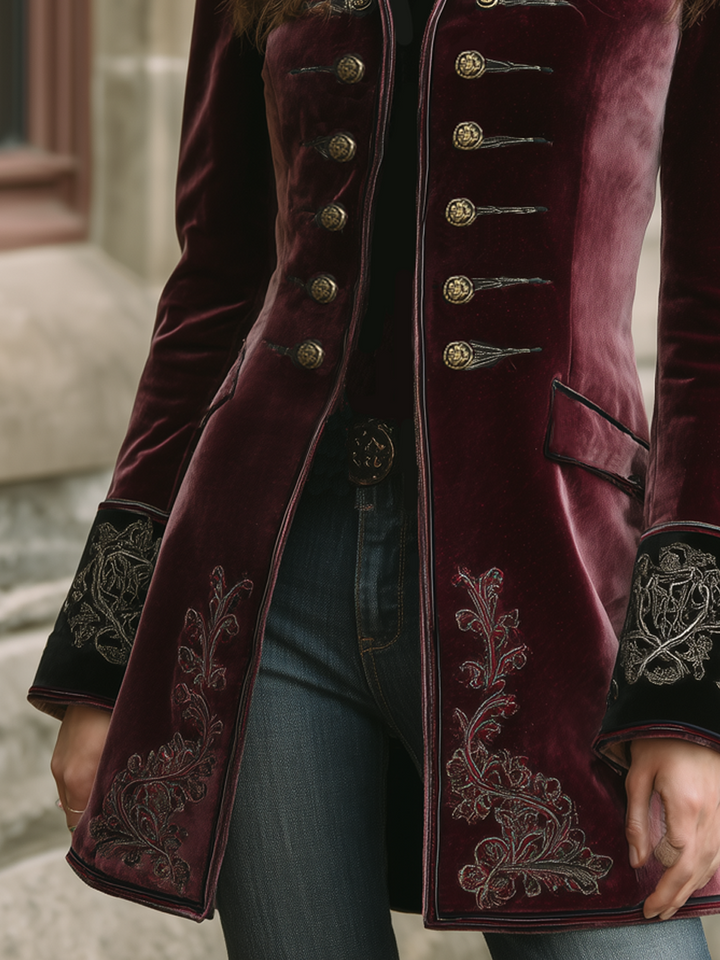 Vintage Contrast Trim Embroidered Velvet Coat