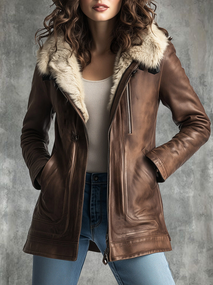 (clearance) Vintage Wool Multi-pocket Sheepskin Faux Leather Warm Coat