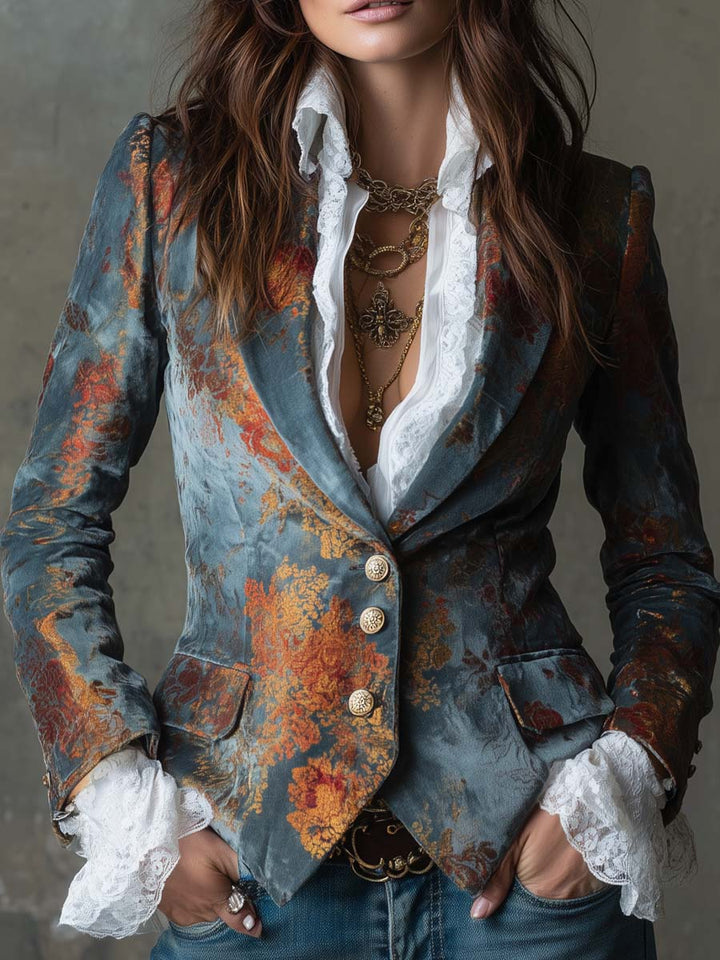 Retro Oil Painting Style Polyester Velvet Printed Double-breasted Blazer