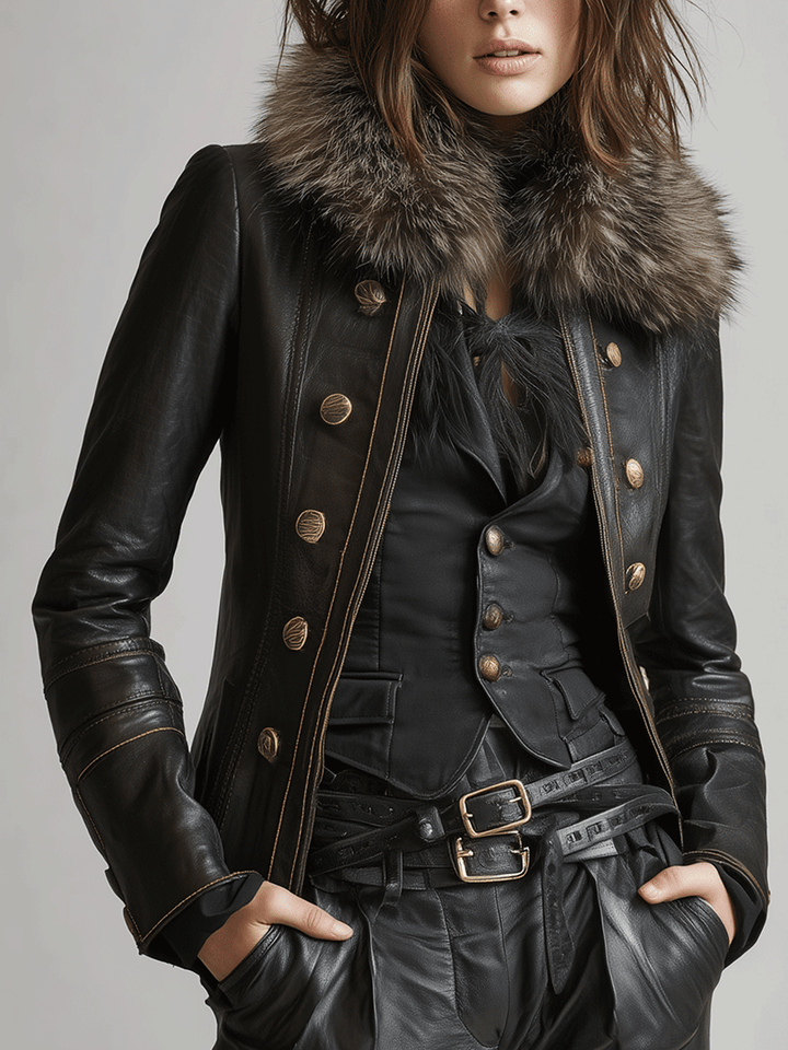 Vintage Black Military Leather Faux Fur Collar Jacket