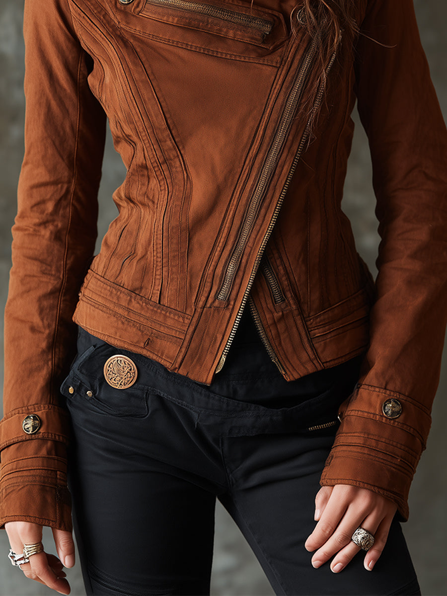 Boho Zip-up Slanted Placket Stand Collar Washed Denim Jacket