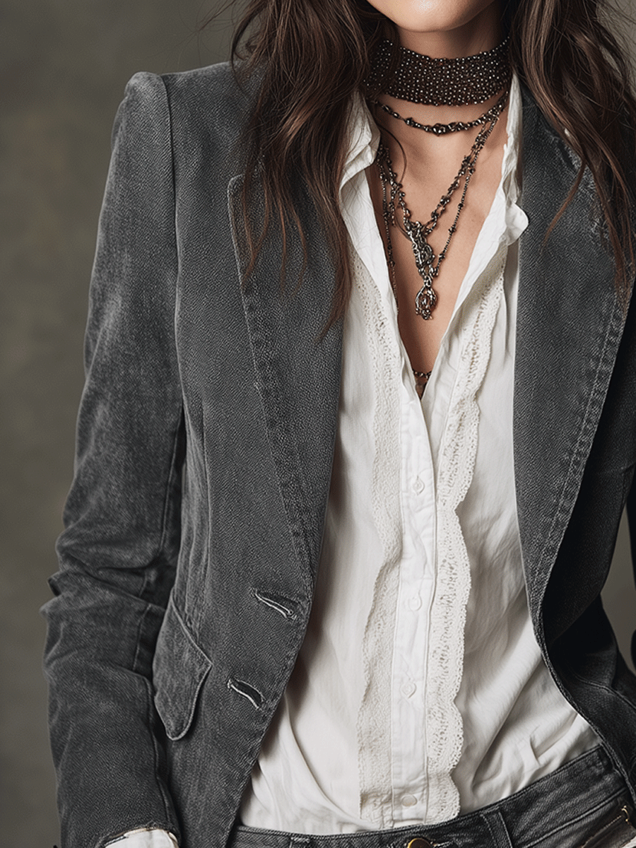 Charcoal Gray Denim Slim-Fit Vintage-Style Blazer